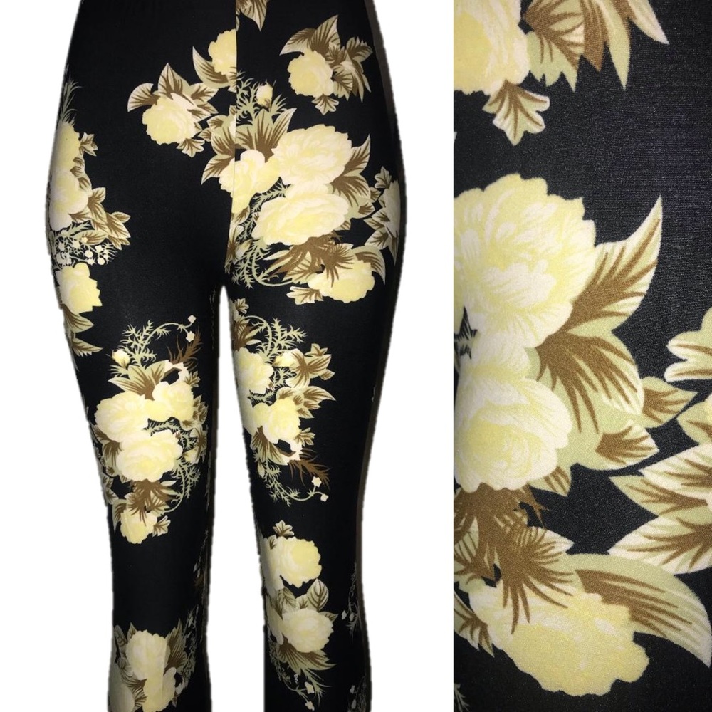Super Soft Leggings Black & Gold Floral Design